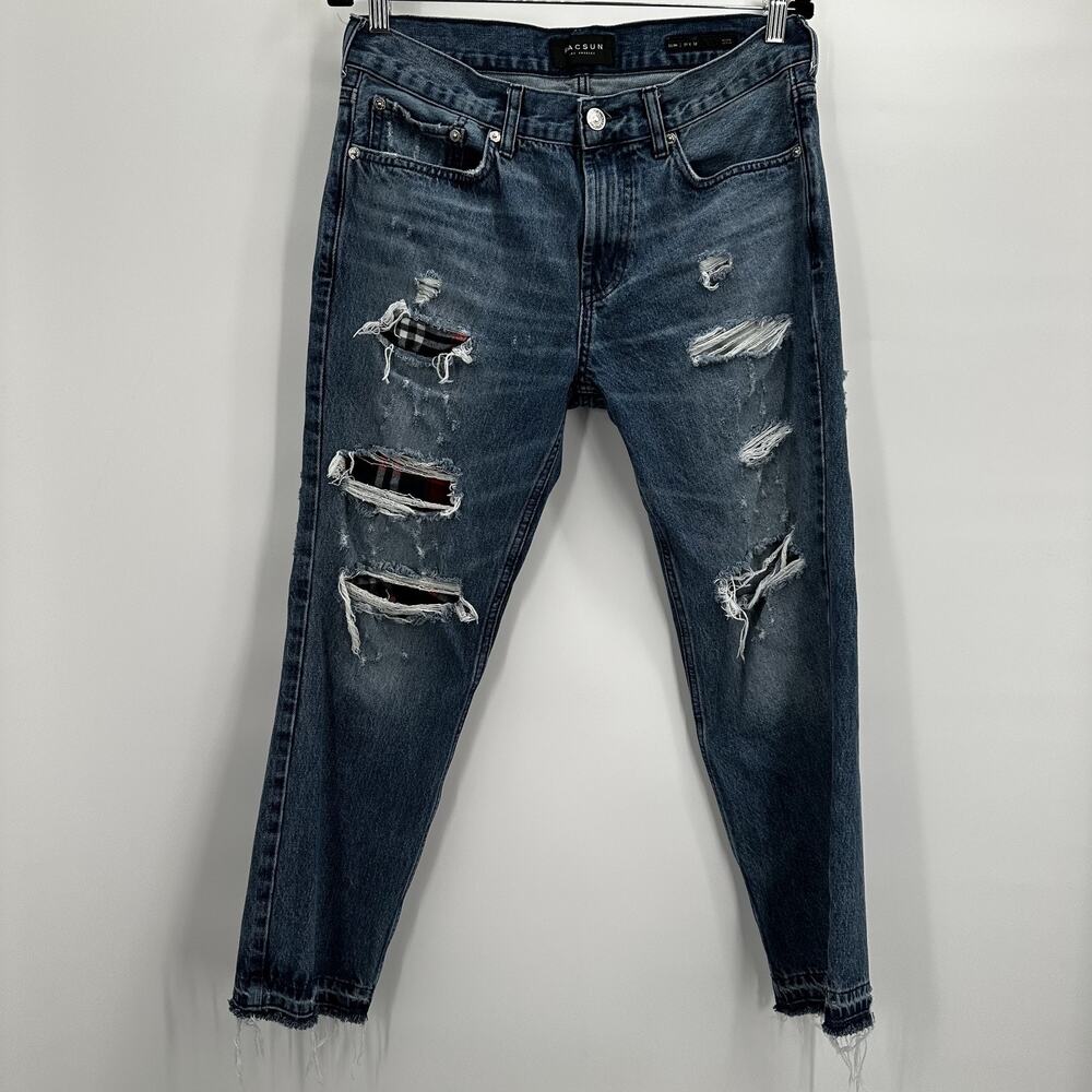 Pacsun Jeans Mens‎ 31 Blue Distressed Slim Fit Plaid Patch Ripped Denim Pants